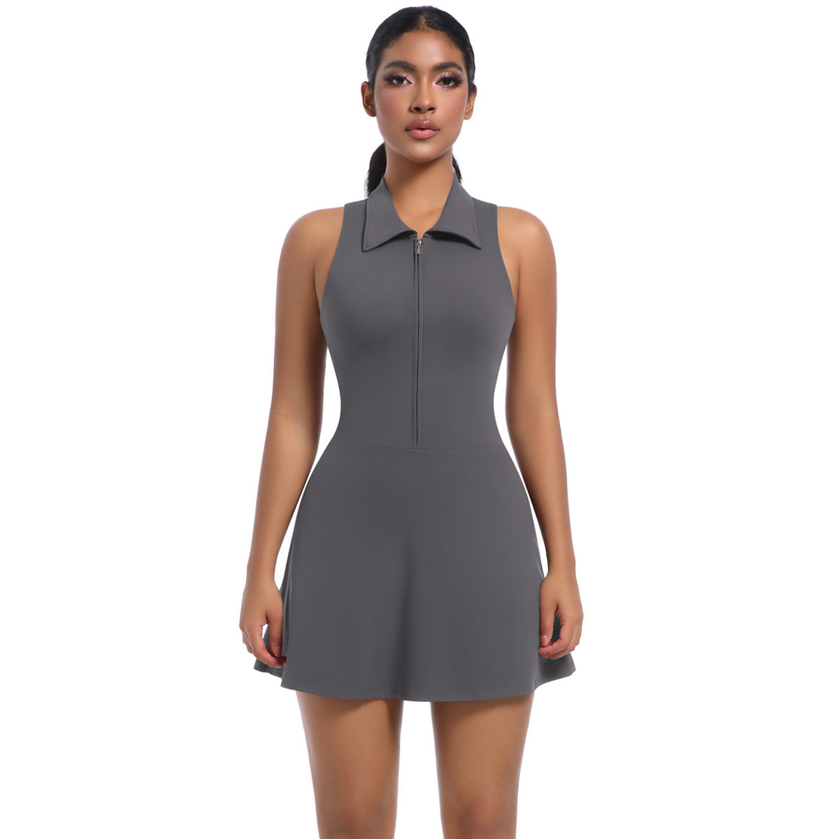 Polo Neck Fitted Zipper Bodycon Dress with Built in Shorts for Running Gym Workouts Yoga and Tennis