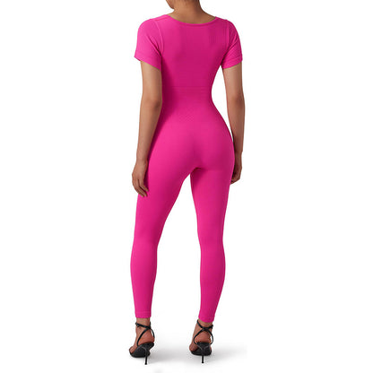 Seamless Ribbed Yoga Jumpsuit for Women Short Sleeve Bodysuit with Built in Chest Pads for Fall and Winter Fitness Comfortable and Activewear