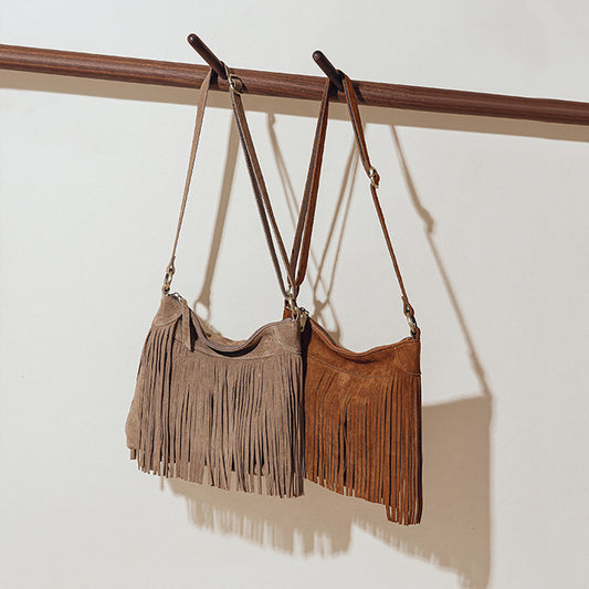 American Inspired Suede Tassel Crossbody Bag Vintage Genuine Leather Chic Shoulder Bag for Fashion Forward Women
