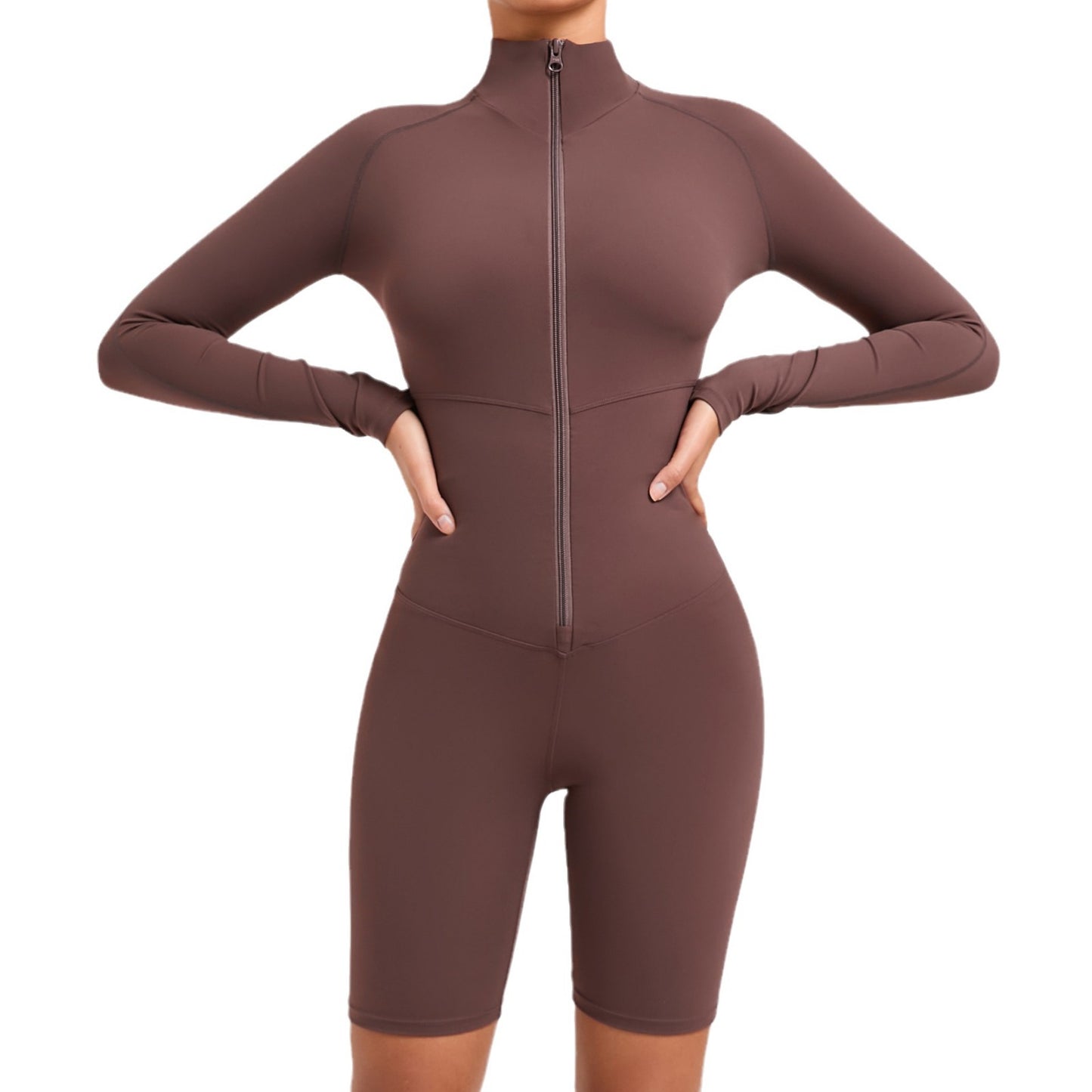 Firming Zipper Long Sleeve Bodysuit for Dance Fitness Yoga Tummy Control Activewear Jumpsuit 51002