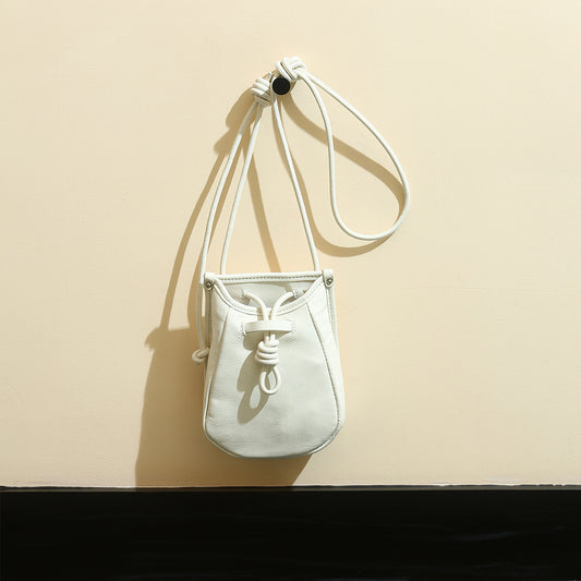 Genuine Leather Shoulder Bag for Women Large Capacity Drawstring Design Crossbody Phone Bag