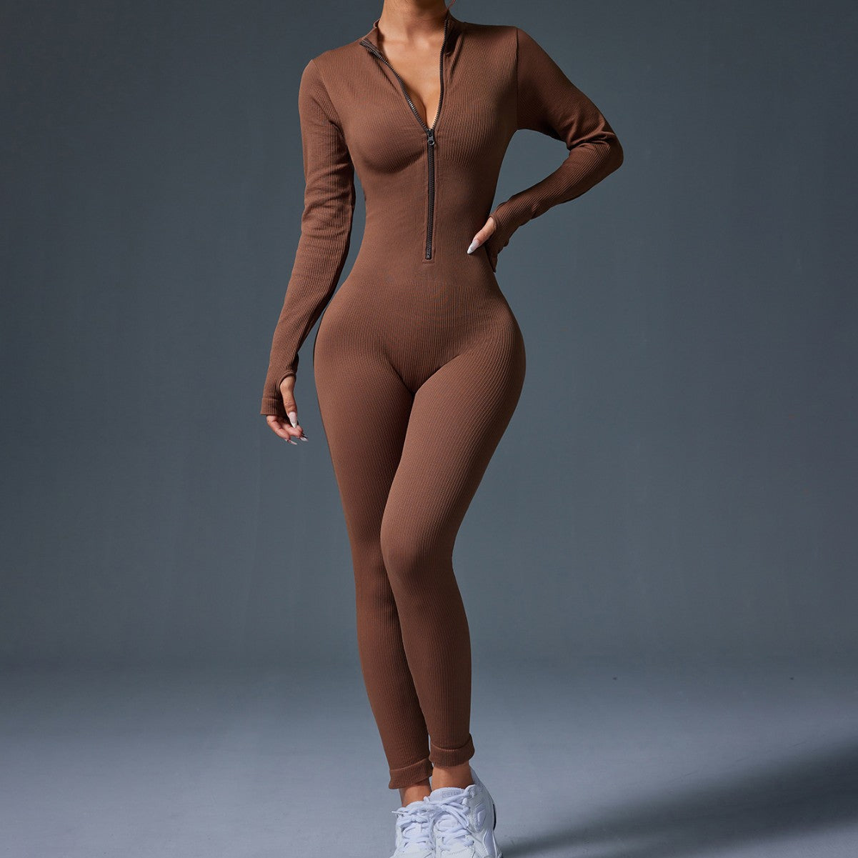 Sleek and Women s Half Zip Bodysuit Jumpsuit with Thumb Holes Long Sleeves and Lifting Design for Chic Casual or Workout Wear