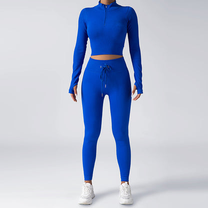 Seamless Ribbed Yoga Set with Zip Up Long Sleeve Top and Drawstring Trousers for Fitness and Workout Enthusiasts