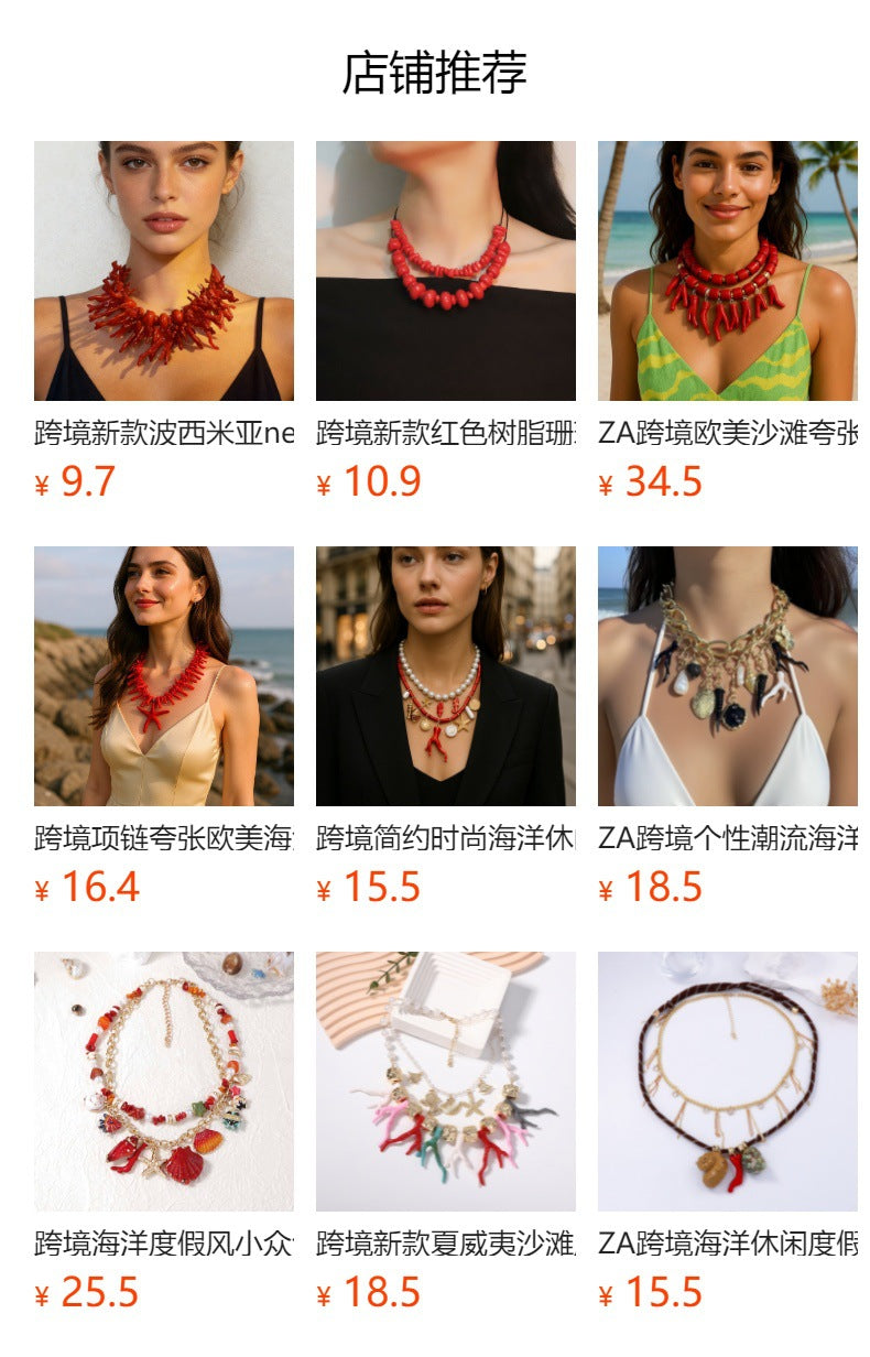 Unique Designer Coral and Geometric Resin Necklace - Statement Double-Layered Vacation Style for Standout Fashion Lovers