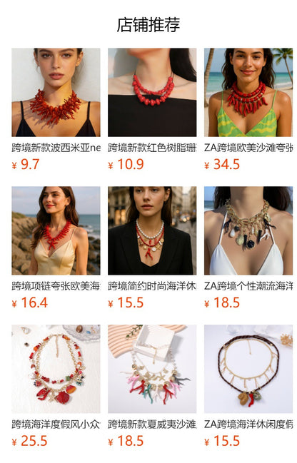 Unique Designer Coral and Geometric Resin Necklace - Statement Double-Layered Vacation Style for Standout Fashion Lovers
