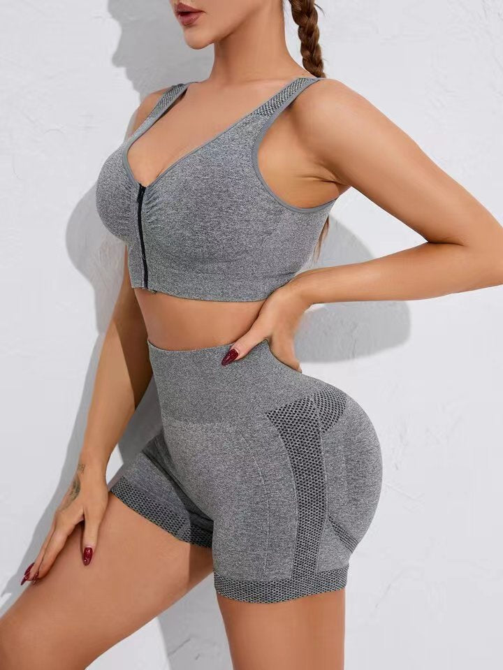 Seamless Zipper Sports Bra and Peach Butt Shorts Yoga Set High Waist Women's Fitness Outfit for Outdoor Activities