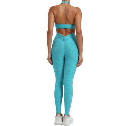 Fall Winter Yoga Outfit Set with Pockets V Waist Long Pants and Adjustable Neck Sports Bra for During Workouts