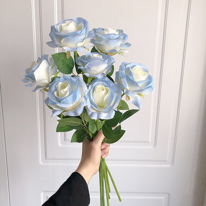 Realistic Ice Blue Rose Silk Flowers - Elegant Faux Floral Arrangement for Living Room Décor, Wedding Celebrations, and High-Quality Photography Props