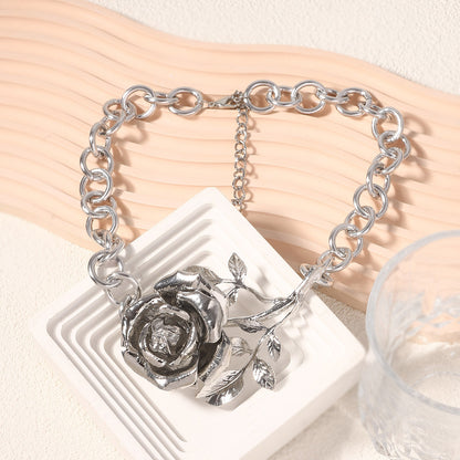 Creative 3D Exaggerated Alloy Rose Pendant Necklace - Unique, Minimalist, and Versatile Design for Every Occasion