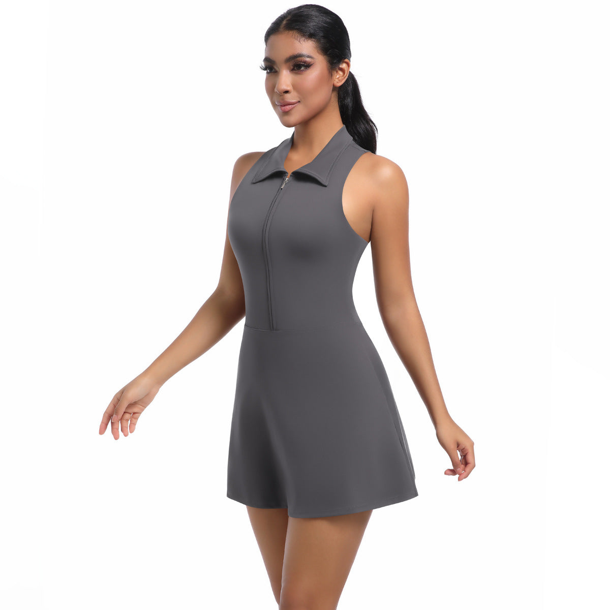 Polo Neck Fitted Zipper Bodycon Dress with Built in Shorts for Running Gym Workouts Yoga and Tennis