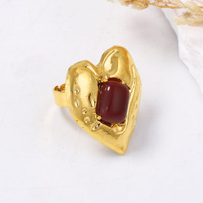 Vintage-Inspired Heart-Shaped Open Design Ring with Genuine Red Ruby Inlay - Timeless Alloy Jewelry for Women