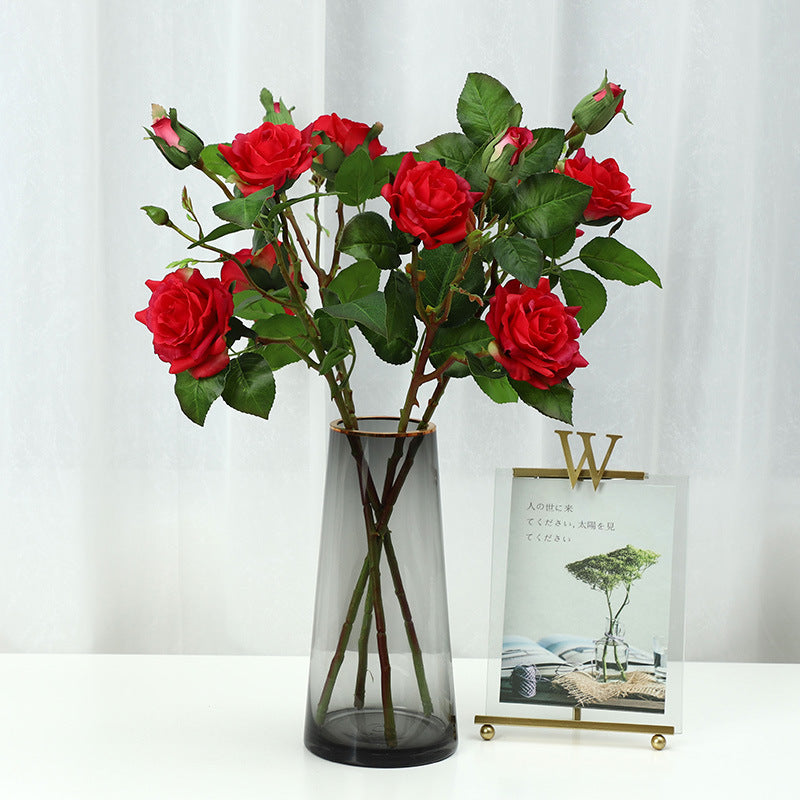 Nordic-Style Realistic 3-Head Rose Flower Arrangement - Luxurious Feel, Moisture-Resistant Faux Flowers for Elegant Home and Living Room Décor