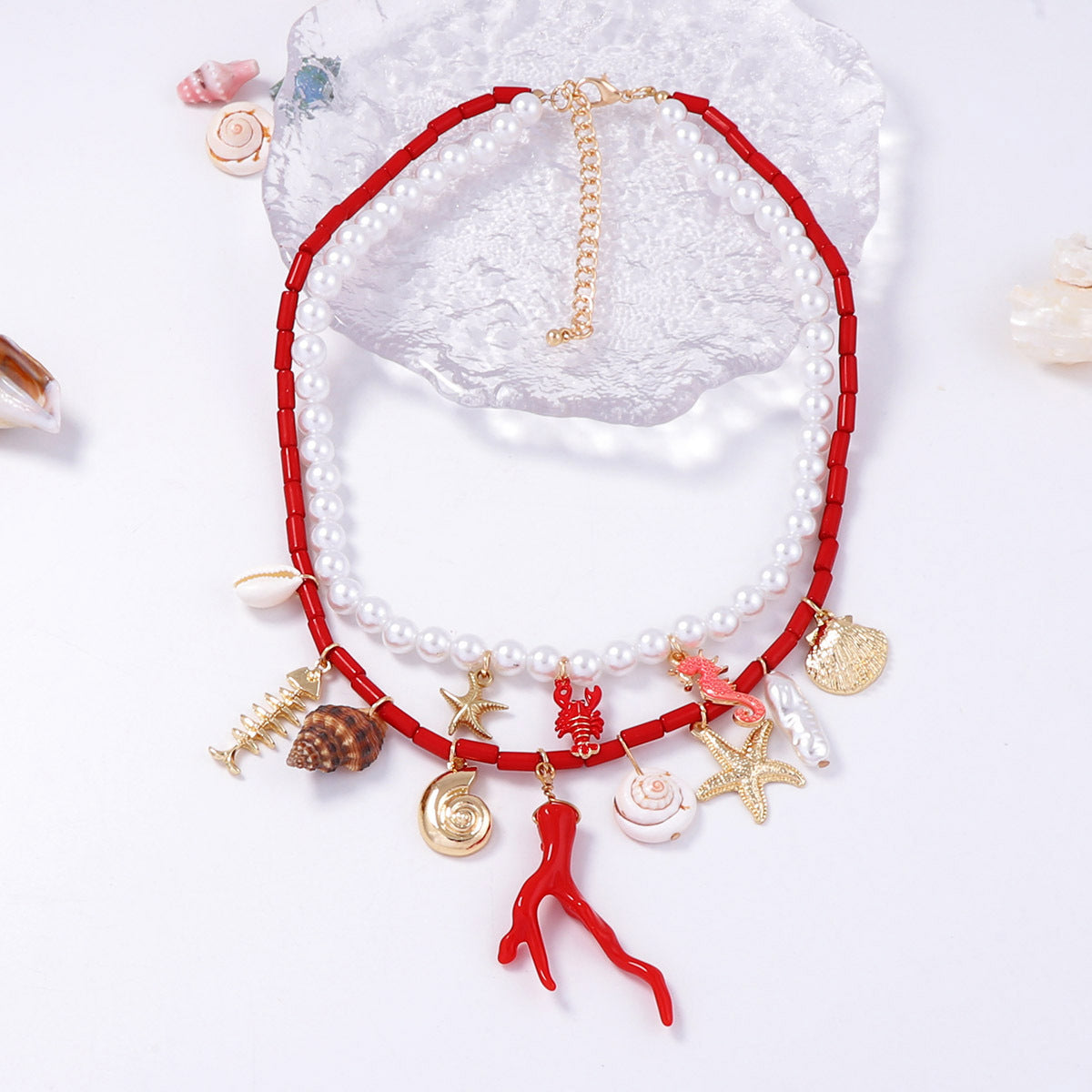 Trendy Minimalist Ocean-Inspired Double-Layer Pendant Necklace with Faux Pearl, Starfish, Seashell, and Coral Accents - Perfect for Casual Vacations and Beach Getaways