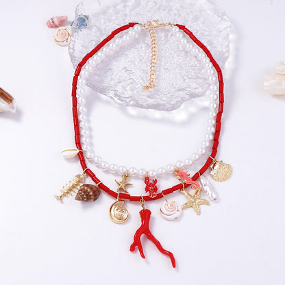 Trendy Minimalist Ocean-Inspired Double-Layer Pendant Necklace with Faux Pearl, Starfish, Seashell, and Coral Accents - Perfect for Casual Vacations and Beach Getaways