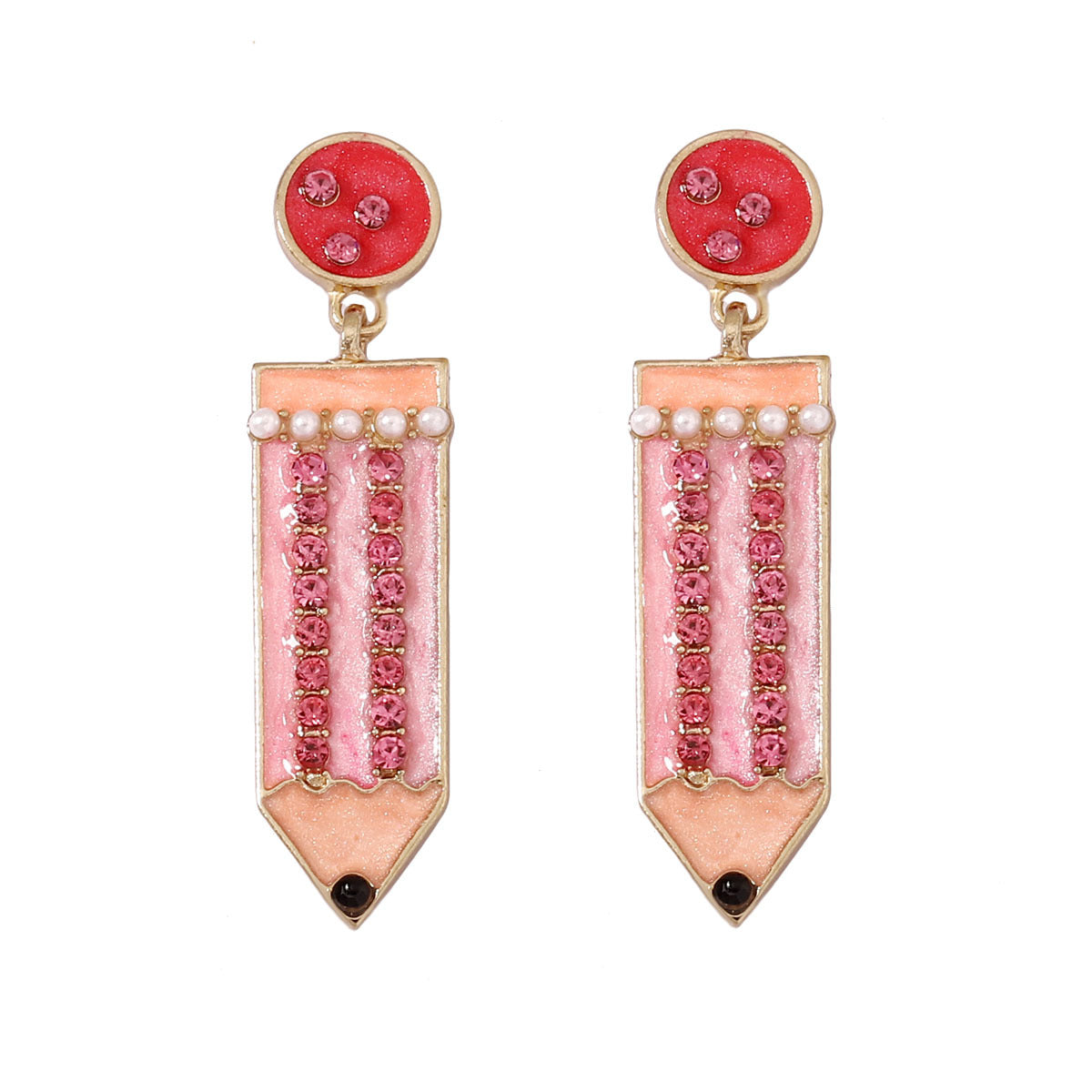Cute Back-to-School Enamel Pencil Earrings with Rhinestones - Trendy Jewelry for Girls and Women - Perfect Accessory for School Spirit and Fashion