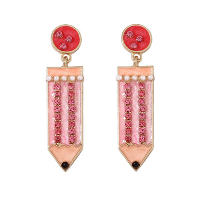 Cute Back-to-School Enamel Pencil Earrings with Rhinestones - Trendy Jewelry for Girls and Women - Perfect Accessory for School Spirit and Fashion