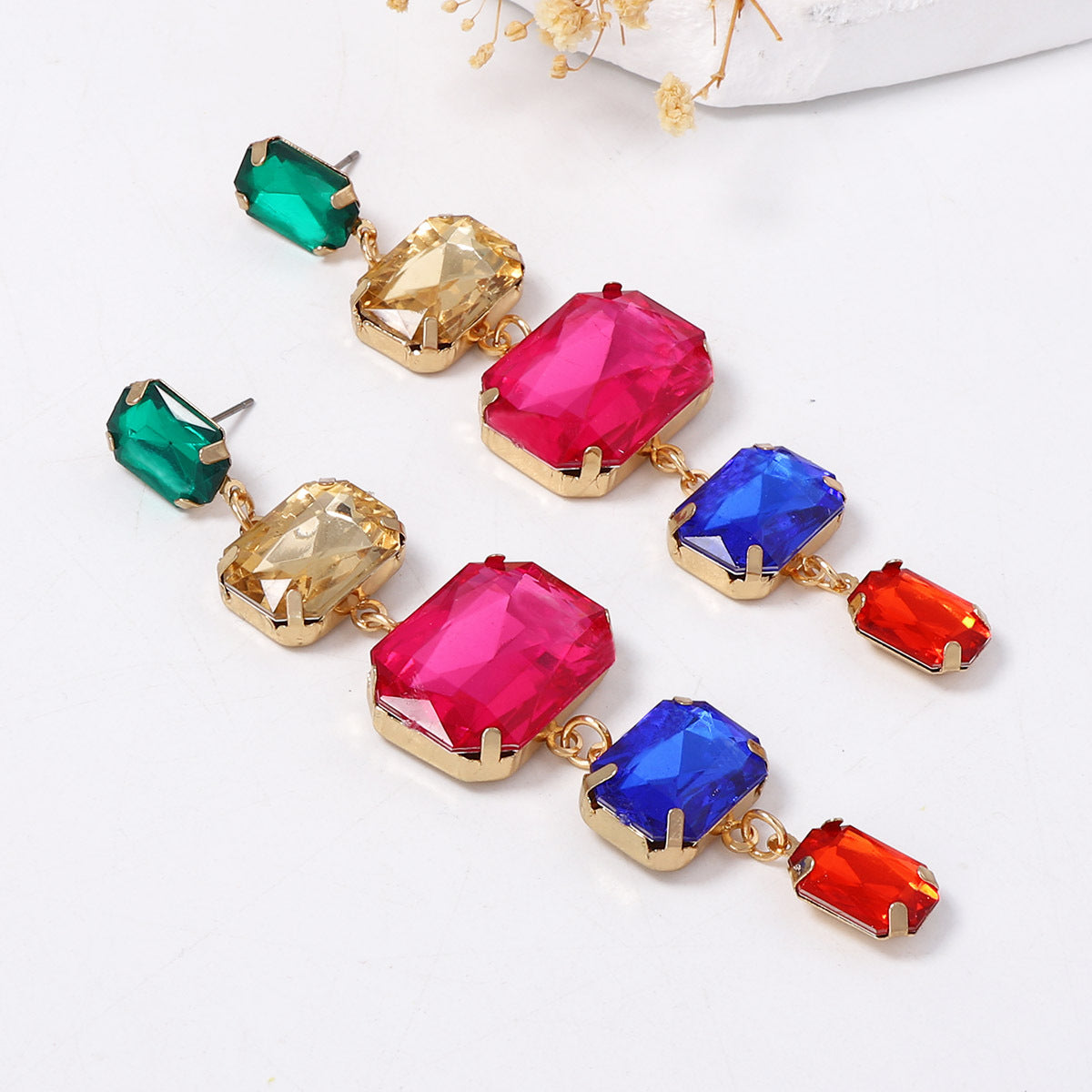 Exquisite and Bold Colorful Geometric Tassel Long Drop Earrings with Sparkling Rhinestones - Elegant Fashion Statement for Women
