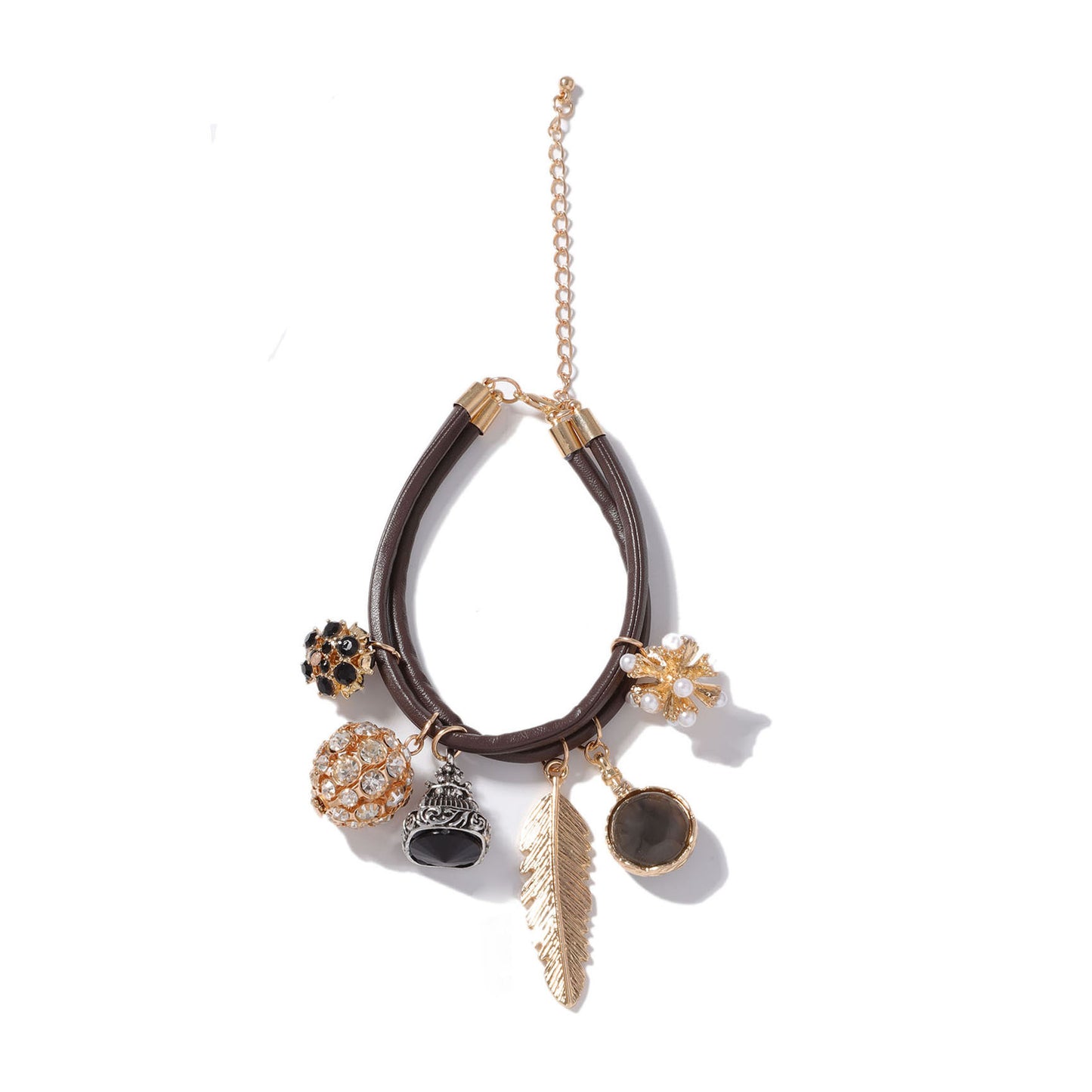 Elegant Double-Layer Alloy Pendant with Zirconia Stone in Geometric Sphere and Leaf Design – Stylish Casual Bracelet for Women