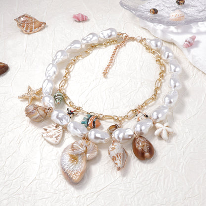 Stylish Personalized Baroque-Inspired Ceramic Pearl Alloy Shell Pendant Necklace - Double Layered Design for Women