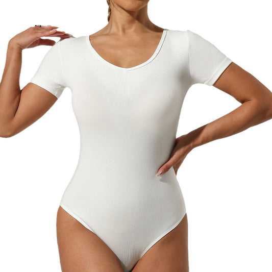 U Neck Short Sleeve Bodysuit with Built In Thong Flattering No Padding Design for a Fabulously Chic Look