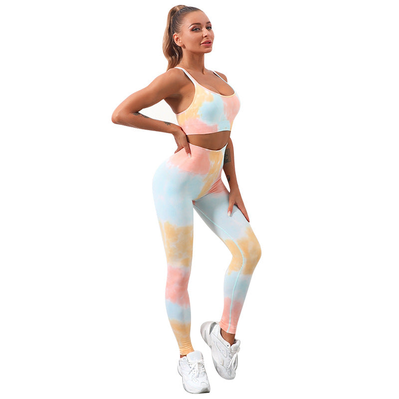 Tie Dye Long Yoga Set for Women Halter Neck Sports Bra Comfortable Fitness Leggings and Breathable Workout Gear for Enhanced Performance