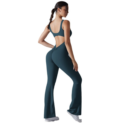 Beautiful Hollow Back Bodysuit for Women Peach Cutting High Waisted Sports Jumpsuit with Flared Pants and Butt Lifting Design for Yoga Gym and Activewear