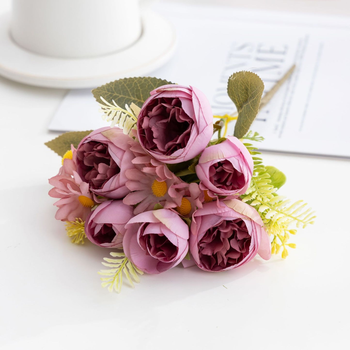 Stunning Artificial Floral Arrangement with Dried Peonies and Charming Little Daisies - Perfect Home Decor for Hotels and Living Spaces