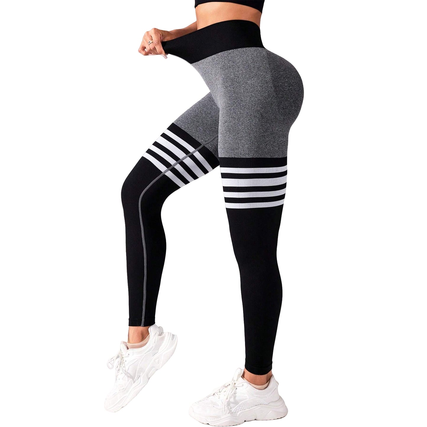 High Waisted Striped Outdoor Sports Leggings for Women Butt Lifting Yoga Pants for Quick Dry Running and Fitness