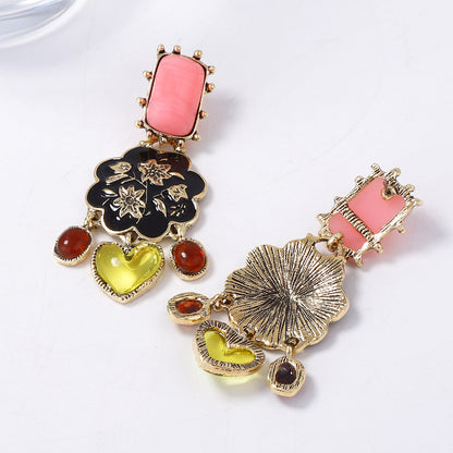 Bohemian Colorful Ethnic-Inspired Composite Gold Drip Oil Inlay Resin Flower Tassel Earrings for Women - Unique Handcrafted Jewelry for Every Occasion