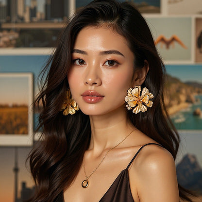 Bold and Unique Oversized Floral Metal Drop Earrings with Black Edges - Versatile Statement Accessories for Casual Elegance