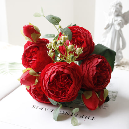 Stunning 5-Head Mini Peony & Persian Rose Bouquet – Realistic Home Decor & Wedding Flowers for Lasting Beauty