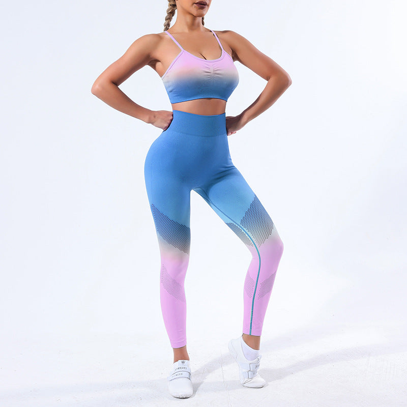 Seamless Gradient Yoga Set for Women Cami Sports Bra with High Waist Leggings for Comfort and Support