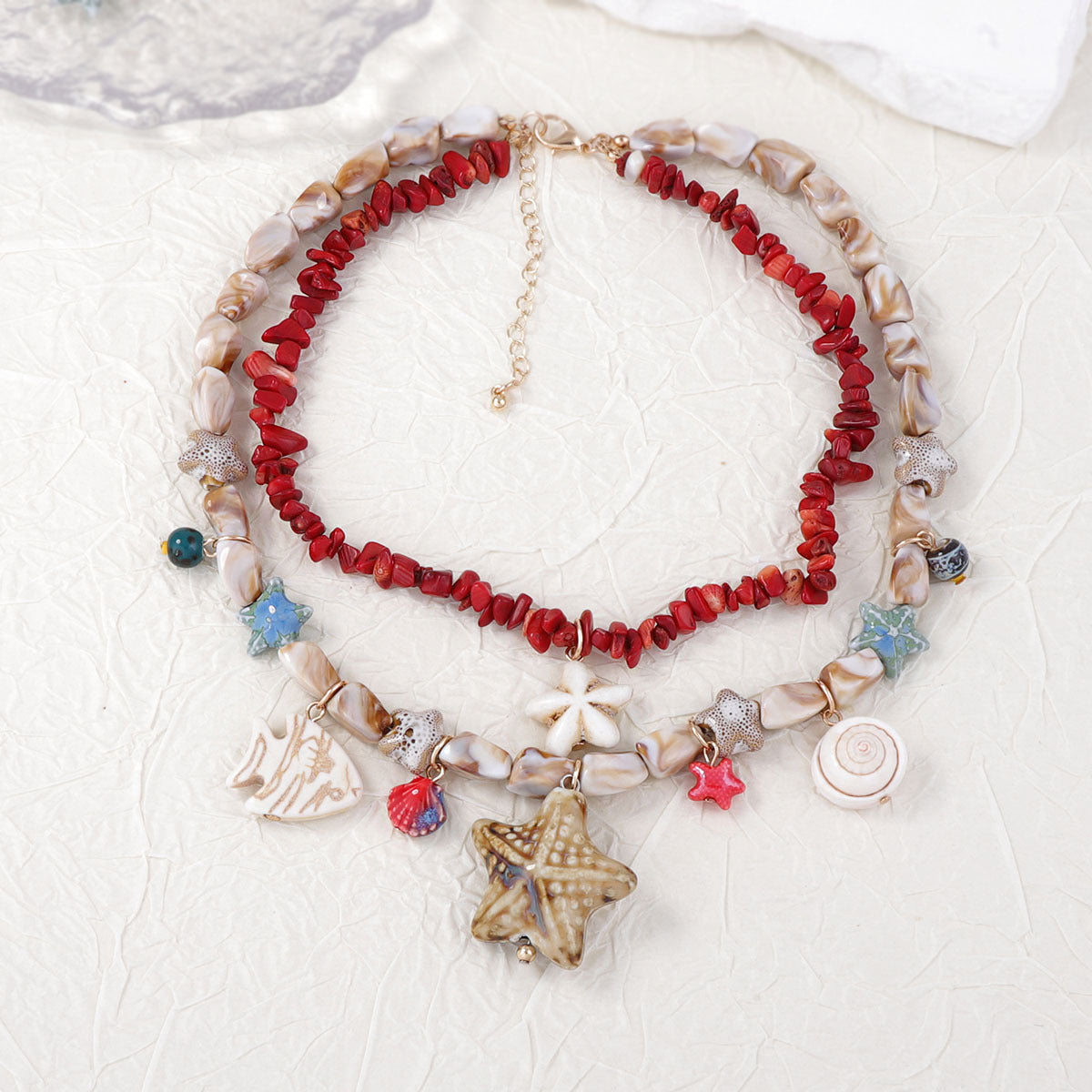 Stylish Layered Double-Strand Seashell and Starfish Design Necklace with Turquoise Ceramic Accents - Perfect for Ocean Getaways and Casual Wear