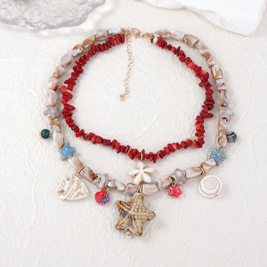Stylish Layered Double-Strand Seashell and Starfish Design Necklace with Turquoise Ceramic Accents - Perfect for Ocean Getaways and Casual Wear