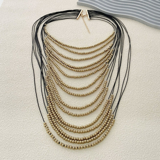 Hip Hop Punk Inspired Multi-Layered Gold Beaded Necklace - Unique Creative Design for Stylish Women - Bold Casual Statement Piece