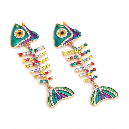 Creative Fish Alloy Rhinestone Women's Earrings - Elegant Metallic Fishbone Drop Earrings - Vintage Statement Jewelry for a Unique Style