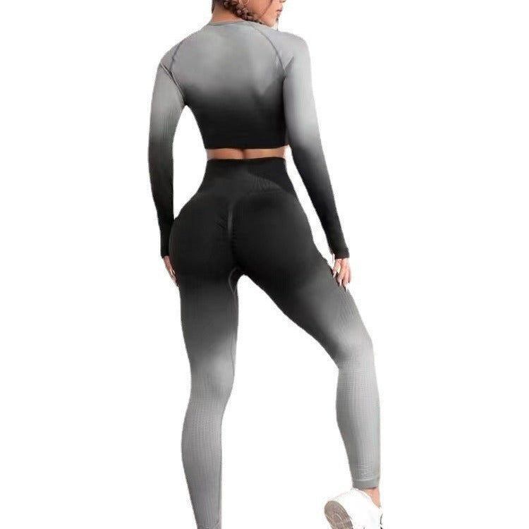 Seamless Gradient Peachy Butt Lifting Long Sleeve and Pants Set for Women Yoga Running and Fitness Outfit