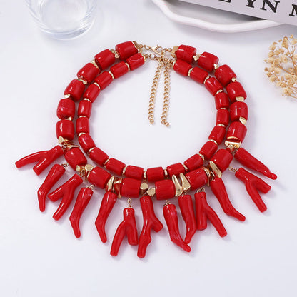 Exaggerated Beach-Inspired Coral Pendant Necklace for Women – Stylish Double Layered Casual Jewelry for Effortless Layering
