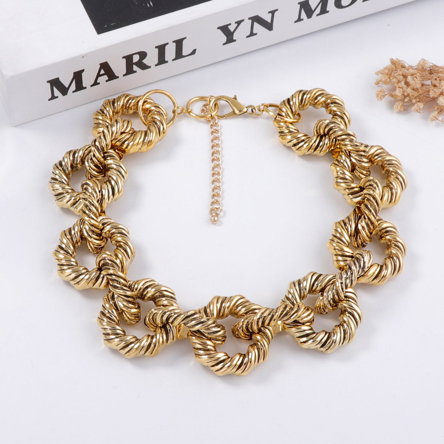 Unique Vintage-Inspired Jewelry Set: Chunky Textured Metal Twisted Geometric Statement Necklace and Bracelet for Bold Fashion Lovers