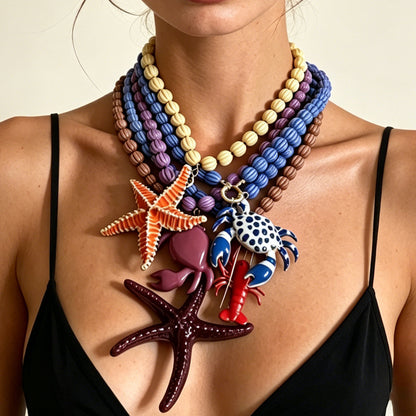 Beach Vacation-Inspired Ocean Life Pendant Necklace with Colorful Beaded Design - Perfect Summer Jewelry for Women