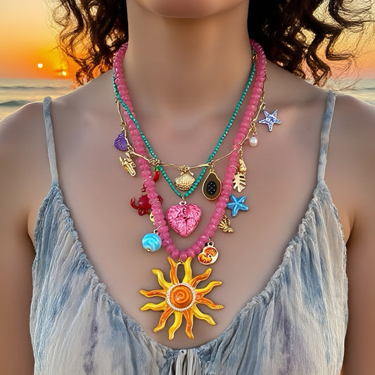 Chic Ocean-Inspired Vacation Style Colorful Multi-Layer Alloy Sun Face Pendant Necklace for Women – Perfect Accessory for Any Summer Outfit