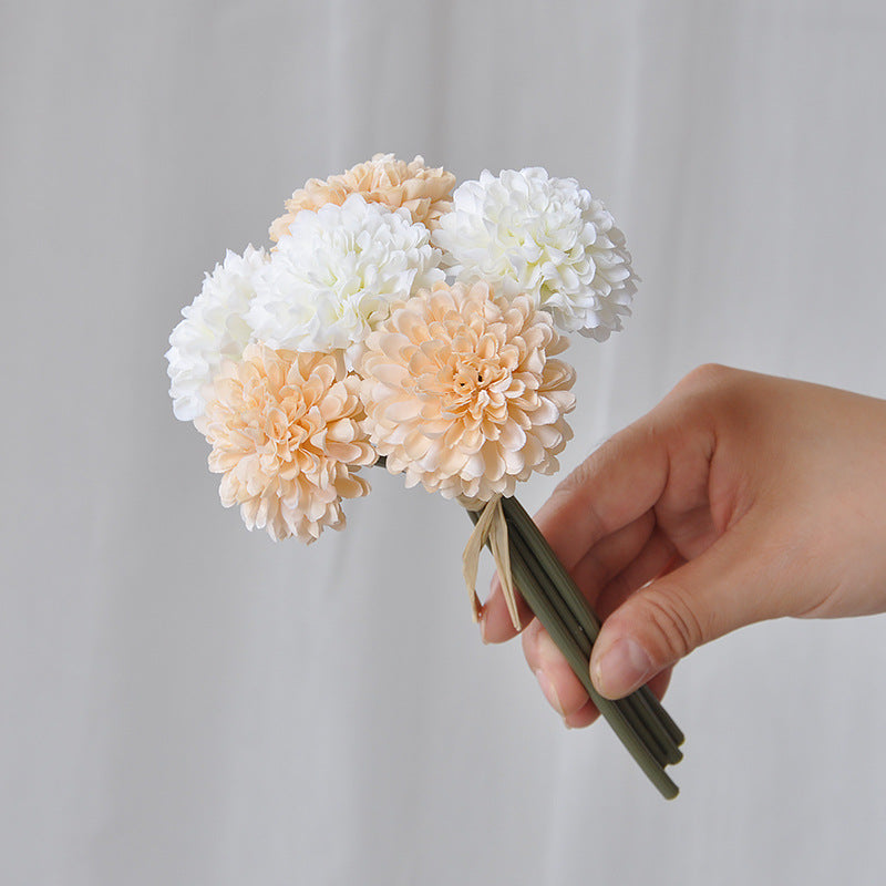 Lifelike Faux Dandelion Ball Chrysanthemum Silk Flowers | Short Stem Bouquet for Wedding Decorations | Set of 6 Stunning Handmade Arrangements