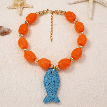 Stunning Casual Ocean-Inspired Volcanic Stone Fish Pendant Beaded Necklace - Unique Statement Accessory for Women