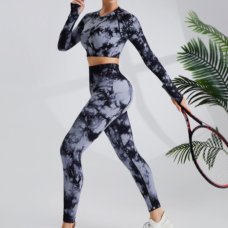 High Waisted Tie Dye Yoga Set for Women Long Sleeve Top Bum Lifting Yoga Pants for Workout Running and Fitness