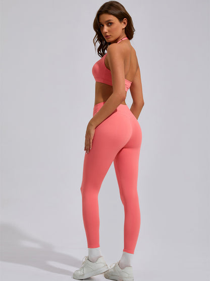 High Waisted Women's Yoga Set Tight Fitting Running and Pilates Outfit with Strappy Back Design for Comfort and Support