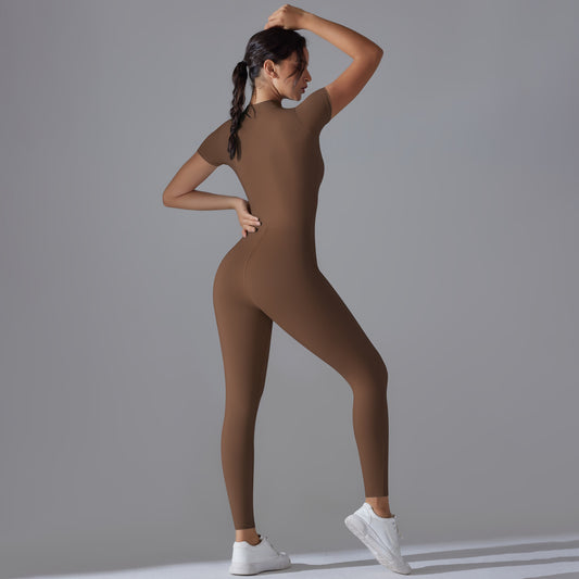 Solid Color Zip Up Short Sleeve Bodysuit for Women Comfortable Stretchy Athletic Yoga Jumpsuit for Fitness and Workout