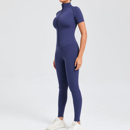 High Compression Zippered Short Sleeve Yoga Jumpsuit for Women Sculpting Bodysuit for Outdoor Fitness Active Wear Model 50320