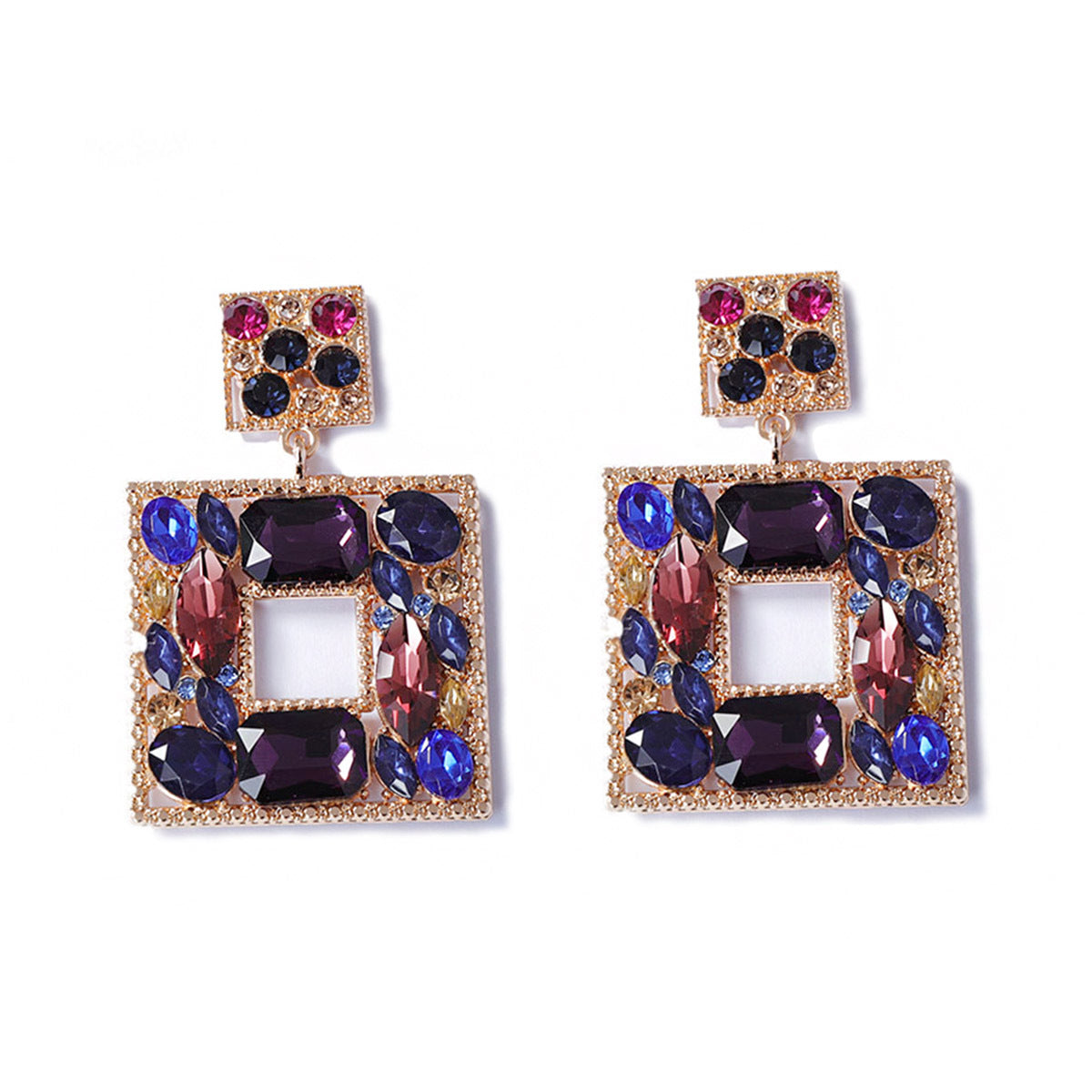 Stunning  Geometric Square Alloy Earrings with Colorful Rhinestones - Luxe, Bold, and Unique Design for a Striking Look