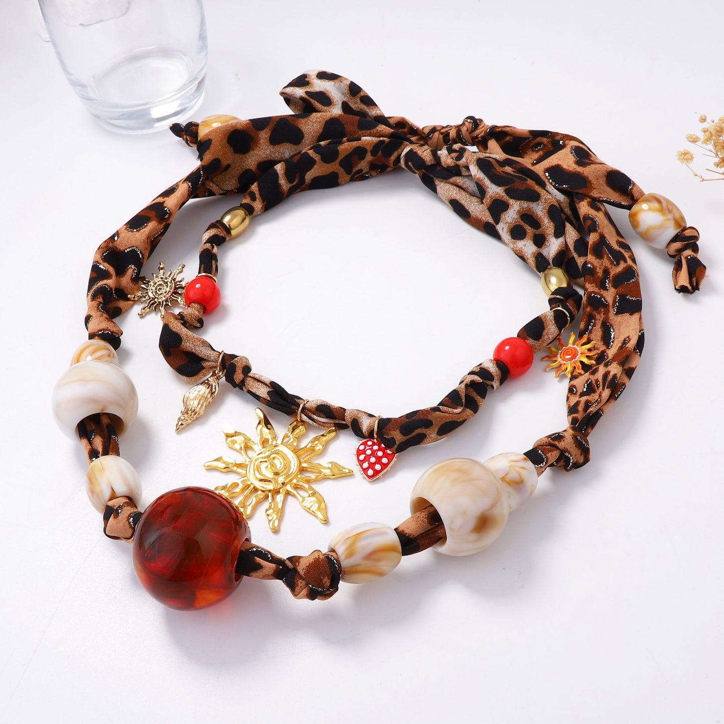 Stylish Personalized Leopard Print Geometric Double-Layer Statement Necklace with Oversized Transparent Beaded Pendant for Women