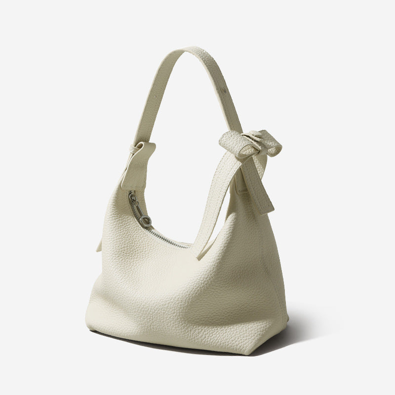 Genuine Leather Litchi Textured Lunch Box Handbag with Chic Bow Design Versatile Shoulder Tote for Commuting Everyday Use